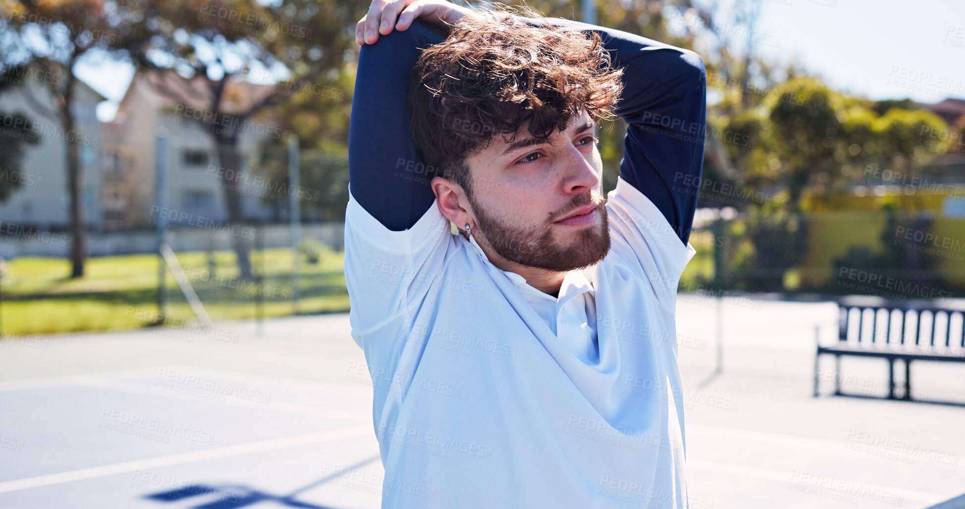 Buy stock photo Tennis court, stretching arms and man for fitness, exercise and practice for game. Outdoor sports, athlete and person with warm up for workout, hobby and training for match, tournament and challenge