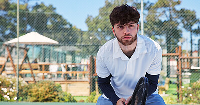Buy stock photo Fitness, serious or man on tennis court with racket, competition action or waiting in training match. Padel, endurance or athlete outdoor with equipment, anticipation or intense game in sport hobby