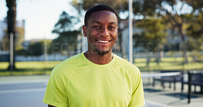 Buy stock photo Tennis court, portrait and black man with smile for exercise, match training or sports professional. Happy, fitness practice or athlete with padel game on outdoor turf, workout or wellness in summer