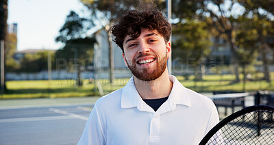 Buy stock photo Tennis court, racket or portrait of man with smile for workout, match training or sports professional. Happy, fitness practice or athlete with game on outdoor turf, exercise or equipment for wellness