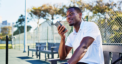 Buy stock photo Fitness, phone call or black man on tennis court with speaker, match update or communication on rest. Digital, padel or athlete on turf with tech, tournament results or conversation on recovery break