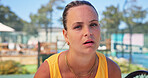 Portrait, tired and woman with fitness, padel and contest with training, wellness and exhausted. Sports game, tennis player and healthy person with break, fatigue and resting with exercise and cardio