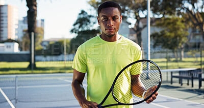 Buy stock photo Tennis court, portrait and black man with racket for workout, competition match and sports professional. Serious, fitness and athlete with equipment for tournament game, outdoor contest and exercise