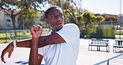 Buy stock photo Fitness, athlete and man at park, stretching or workout preparation with warm up, think and wellness. Outdoor, runner and black person with exercise routine, training and serious for health goals