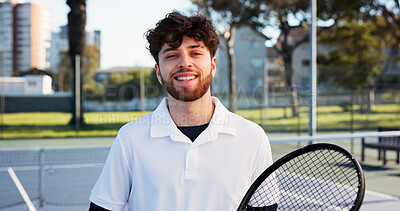Buy stock photo Portrait, happy man and outdoor with tennis racket for fitness, wellness and competition practice. Smile, active person or athlete on court with equipment for exercise, sports game and start workout.