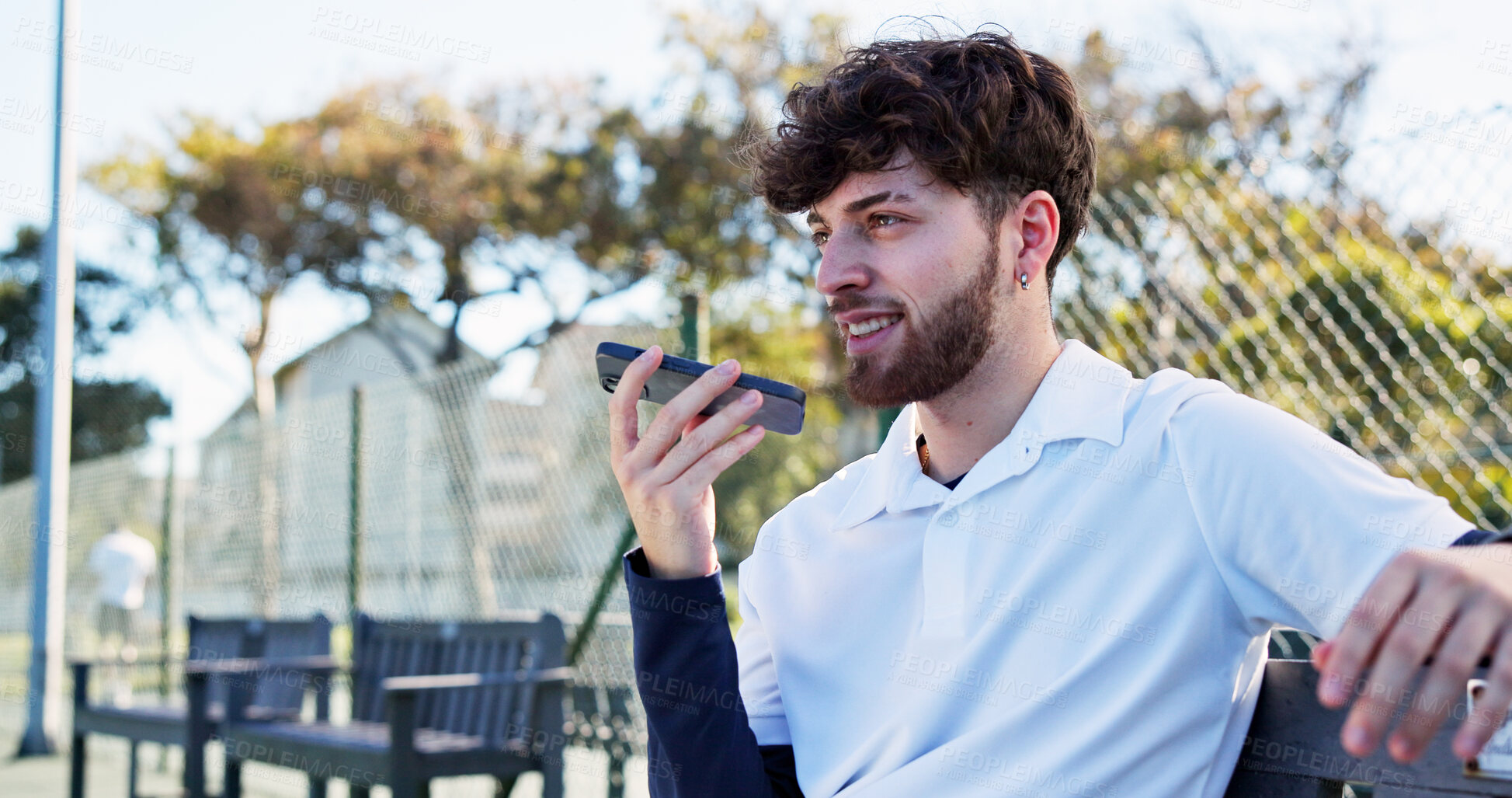 Buy stock photo Fitness, phone call and man on tennis court with speaker, match update or communication on rest. Digital, padel and athlete on turf with tech, tournament results or conversation on recovery break.