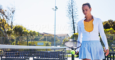 Buy stock photo Competition, fitness and walking with woman on tennis court for start of game, match or practice. Exercise, preparation and space with athlete person outdoor for health, sports or training session