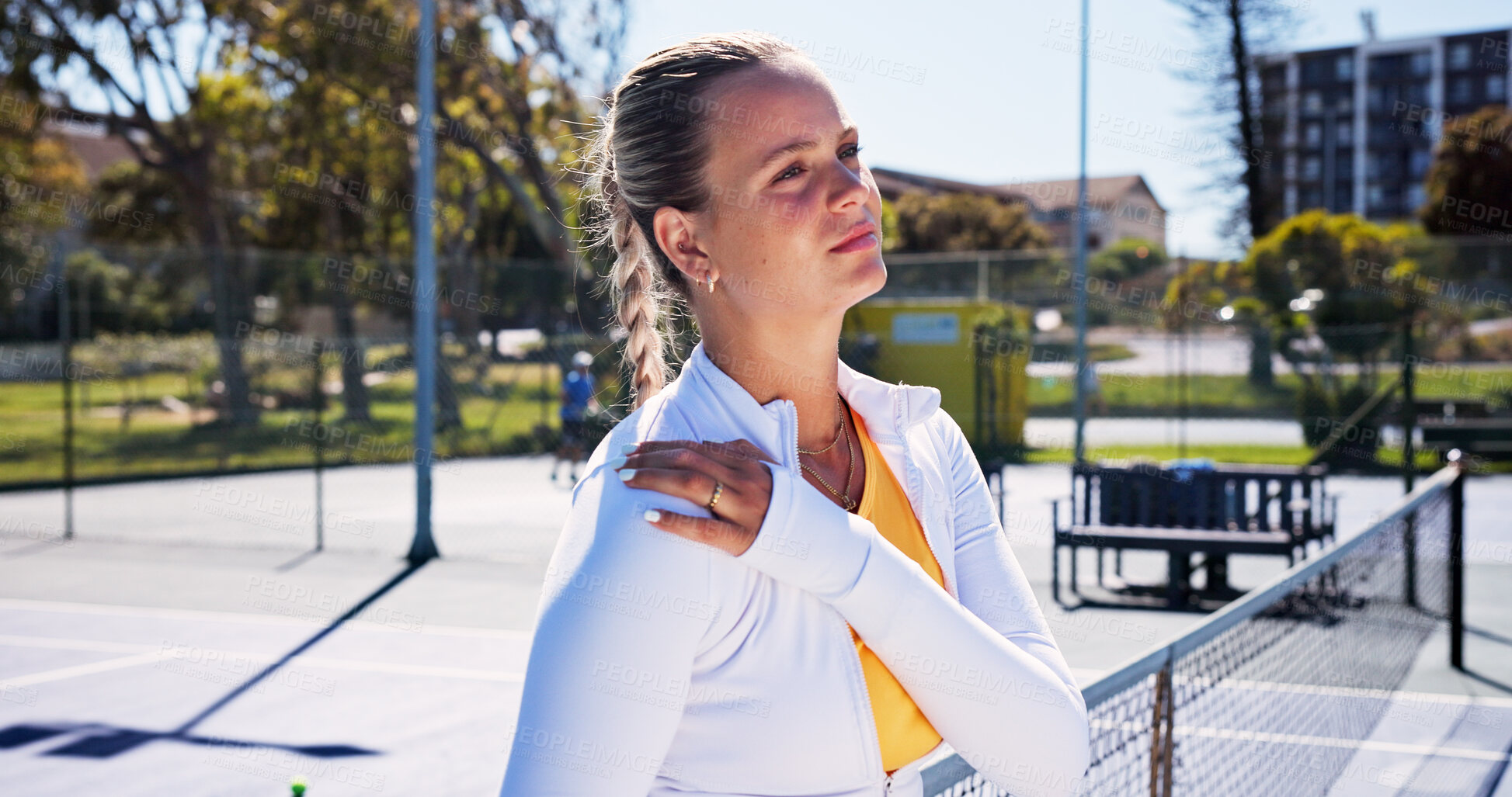 Buy stock photo Athlete, woman and ache of shoulder pain on tennis court for fitness, sports injury and strain. Female person, discomfort and joint tension from training mistake, exercise accident and muscle sprain
