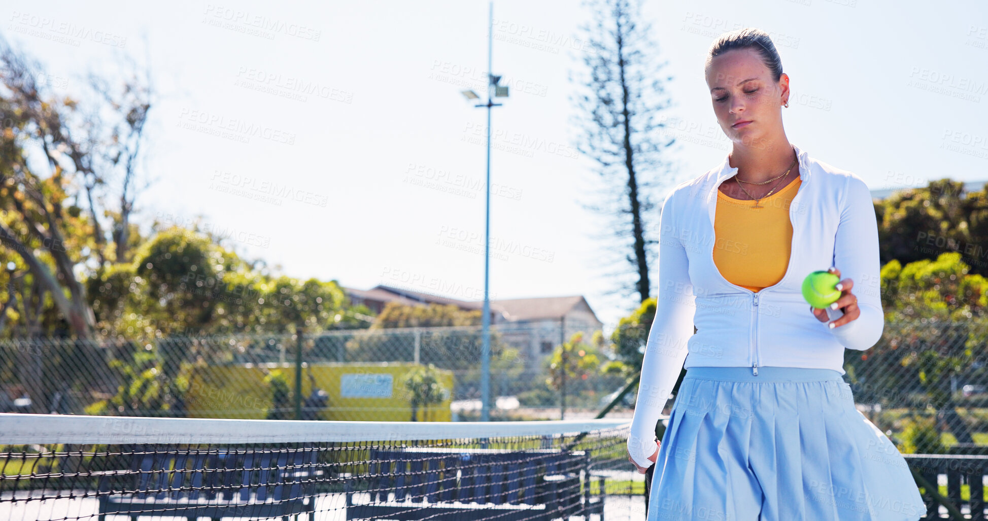 Buy stock photo Fitness, serious and walking with woman on tennis court for start of game, match or practice. Competition, preparation and sports with athlete person outdoor, exercise and health training session