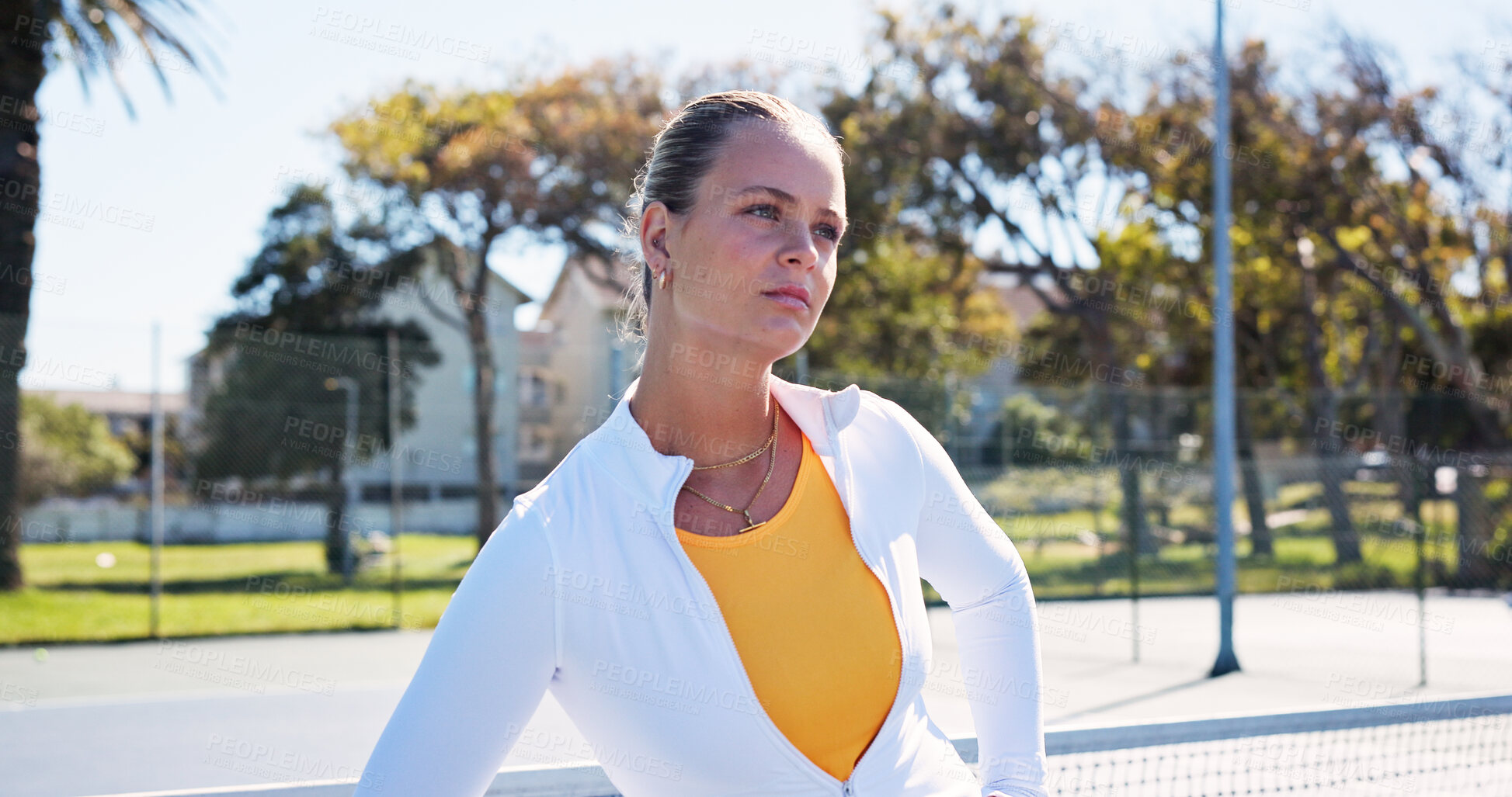 Buy stock photo Tennis court, stretching and woman for fitness, exercise and practice for game. Outdoor sports, athlete and person with warm up for workout, hobby and training for match, tournament and challenge