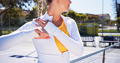 Buy stock photo Tennis court, stretching shoulder and woman for fitness, training and practice for game. Sports, athlete and person with warm up for workout, hobby and exercise for match, tournament and challenge