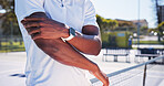 Hands, person and arm pain on court for fitness, sports injury and strain inflammation. Player, discomfort or pressure of tennis elbow from training mistake, exercise accident and muscle fibromyalgia