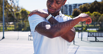 Buy stock photo Athlete, black man and discomfort of shoulder pain on tennis court for fitness, sports injury and strain. Person, pressure and joint tension from training mistake, exercise accident and muscle sprain