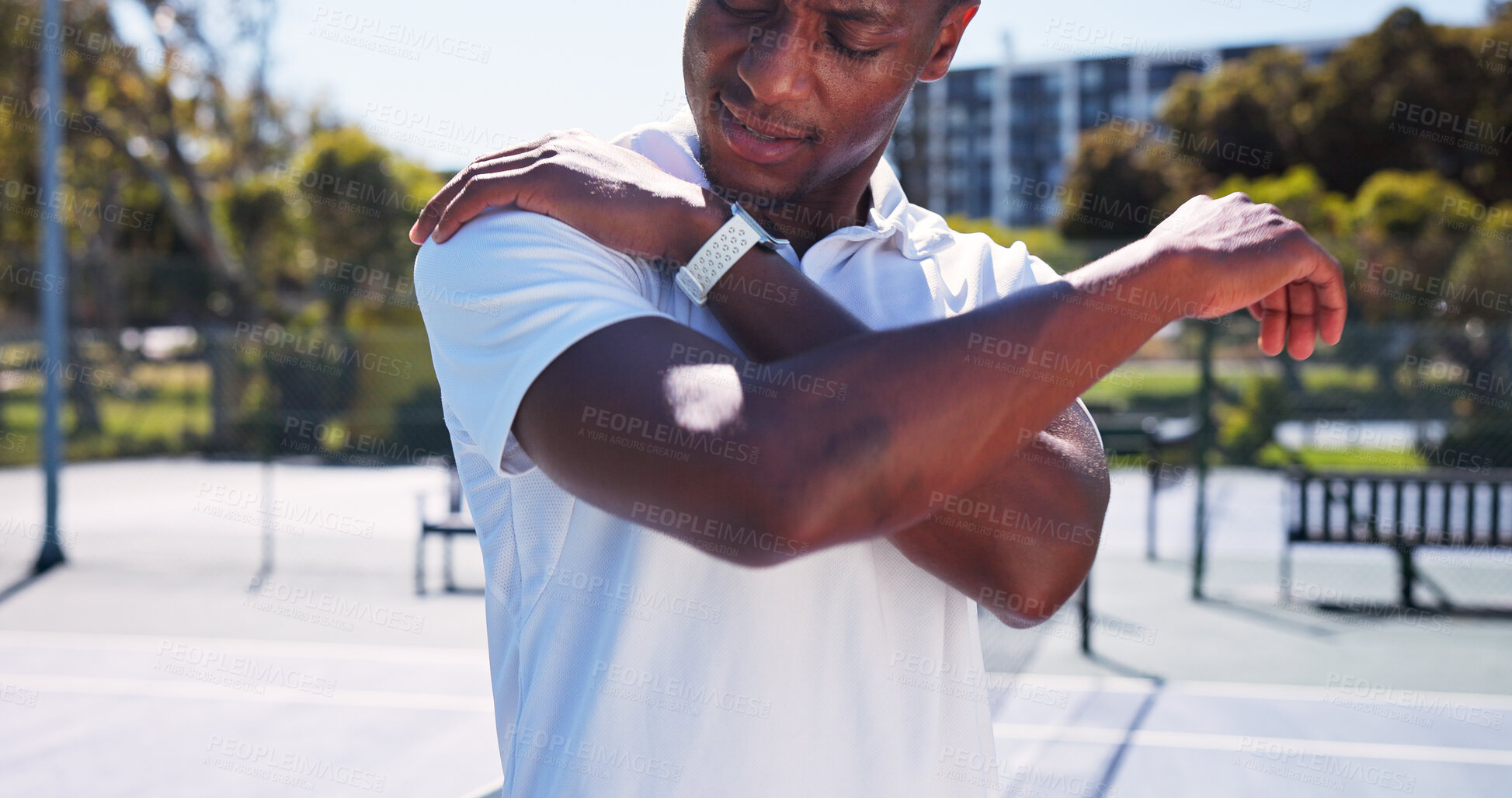 Buy stock photo Athlete, black man and discomfort of shoulder pain on tennis court for fitness, sports injury and strain. Person, pressure and joint tension from training mistake, exercise accident and muscle sprain
