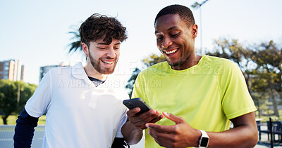 Buy stock photo Laughing, phone and sports tracking with friends outdoor for fitness or skills development. App, exercise and health tracker with funny people speaking on tennis court for mobile progress update