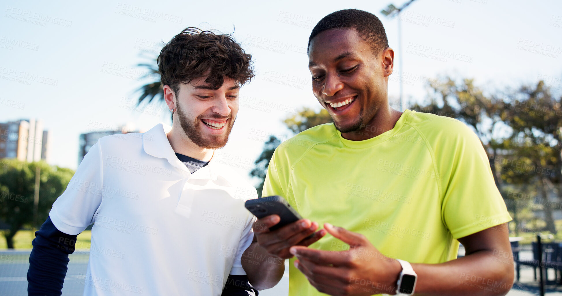 Buy stock photo Laughing, phone and sports tracking with friends outdoor for fitness or skills development. App, exercise and health tracker with funny people speaking on tennis court for mobile progress update