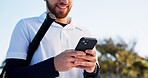 Hands, smile and man with phone on tennis court for fitness, training app and match progress. Happy, male person and outdoor with mobile for sports break, video demonstration and online tips for game