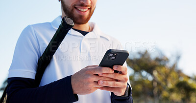 Buy stock photo Hands, smile and man with phone on tennis court for fitness, training app and match progress. Happy, male person and outdoor with mobile for sports break, video demonstration and online tips for game