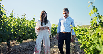 Buy stock photo Date, vineyard and walking with couple outdoor together for bonding, experience or relationship. Agriculture, love and romance with people on wine farm for ecology, organic growth or sustainability