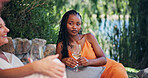 Alcohol, break and listening with woman outdoor at wine farm for getaway or tasting experience. Drink, glass and relax with person at agricultural venue for growth, social gathering or sustainability