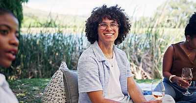 Buy stock photo Portrait, wine tasting or man outdoor with friends, social gathering or bonding with flavor sampling. Happy, reunion or people in nature with alcohol drink, connection or summer event in sip activity