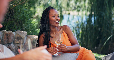 Buy stock photo Alcohol, break and smile with woman outdoor at wine farm for getaway or tasting experience. Drink, glass and relax with happy person at agricultural venue for growth, social event or sustainability