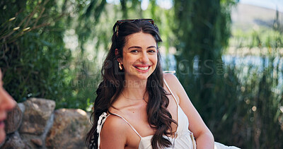 Buy stock photo Portrait, woman and relax with smile outdoor for travel, summer tourism and holiday adventure. Happy, female person or laugh for weekend break, explore nature and getaway trip at vacation destination