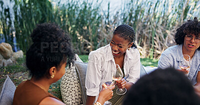 Buy stock photo Friends, wine and toast with picnic outdoor for social gathering, funny gossip and bonding. People, cheers and communication with alcohol in nature for conversation, summer vacation and connection