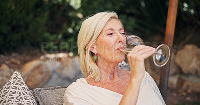 Buy stock photo Alcohol, break and thinking with woman outdoor at wine farm for getaway or tasting experience. Drink, glass and relax with thoughtful mature person at venue for agriculture, growth or sustainability