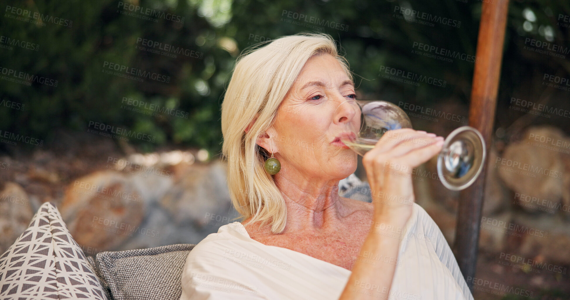 Buy stock photo Alcohol, break and thinking with woman outdoor at wine farm for getaway or tasting experience. Drink, glass and relax with thoughtful mature person at venue for agriculture, growth or sustainability