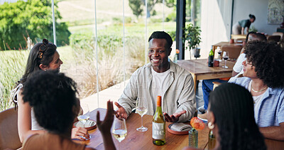 Buy stock photo Happy, friends and discussion in restaurant with wine for social gathering, holiday or bonding together. People, smile and conversation with alcohol at event for connection, weekend break or reunion.