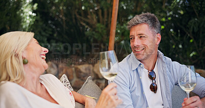 Buy stock photo Relationship, laugh or couple at lodge with wine, happiness or bonding in anniversary celebration. Honeymoon, love or mature people at resort with drink, commitment or connection in romantic date