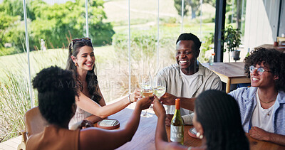 Buy stock photo Friends, smile and toast in restaurant with wine for social gathering, milestone and bonding together. Happy, people and cheers with alcohol at event for celebration, achievement and weekend break.