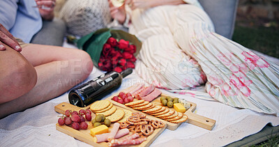 Buy stock photo Couple, partner and charcuterie board with wine for picnic, date and bonding together with healthy snack. People, relax and meat for cheese platter with alcohol for drink, commitment and connection