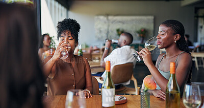 Buy stock photo Break, drink and reunion with friends in restaurant together for bonding or social gathering. Alcohol, glass and relax with people at table in coffee shop for hospitality or wine tasting experience