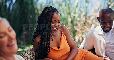 Buy stock photo Friends, woman and relax outdoor at resort for summer holiday, social gathering and funny story. Happy people, chill and conversation in nature with humor for bonding together, connection or reunion.