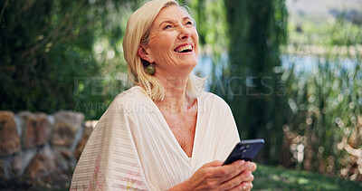 Buy stock photo Funny, smartphone and woman with internet, outdoor and laughing with social media. Mature person, happiness and cellphone with communication, humor or message to contact, online comedy or digital app