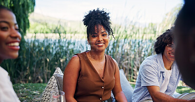 Buy stock photo Portrait, woman and friends at resort with smile for social gathering, conversation and bonding together. Happy, person and group outdoor in nature with summer holiday, weekend break and connection.