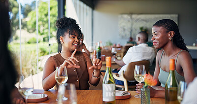 Buy stock photo Talking, women and friends in restaurant with wine for social gathering, gossip and bonding together. Happy, people and discussion with alcohol drink at event for reunion, holiday and weekend break.