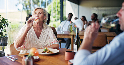 Buy stock photo Alcohol, couple and date with woman in restaurant together for anniversary, bonding or relationship. Drinking wine, relax and romance with mature people in eatery for fine dining or hospitality