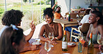 Friends, smile and talking in restaurant with wine for social gathering, holiday and bonding together. Happy, people and discussion with alcohol at event for connection, weekend break and reunion.