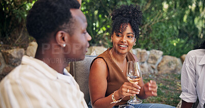 Buy stock photo People, wine and smile with picnic for gossip, social gathering and bonding outdoor. Friends, laugh and communication with alcohol in nature for funny conversation, summer vacation and connection