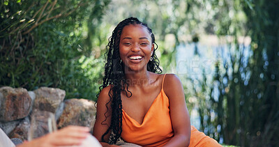 Buy stock photo Portrait, woman and laugh with smile outdoor for travel, summer tourism and holiday adventure. Happy, female person and relax at luxury retreat, explore nature and getaway trip for vacation fresh air