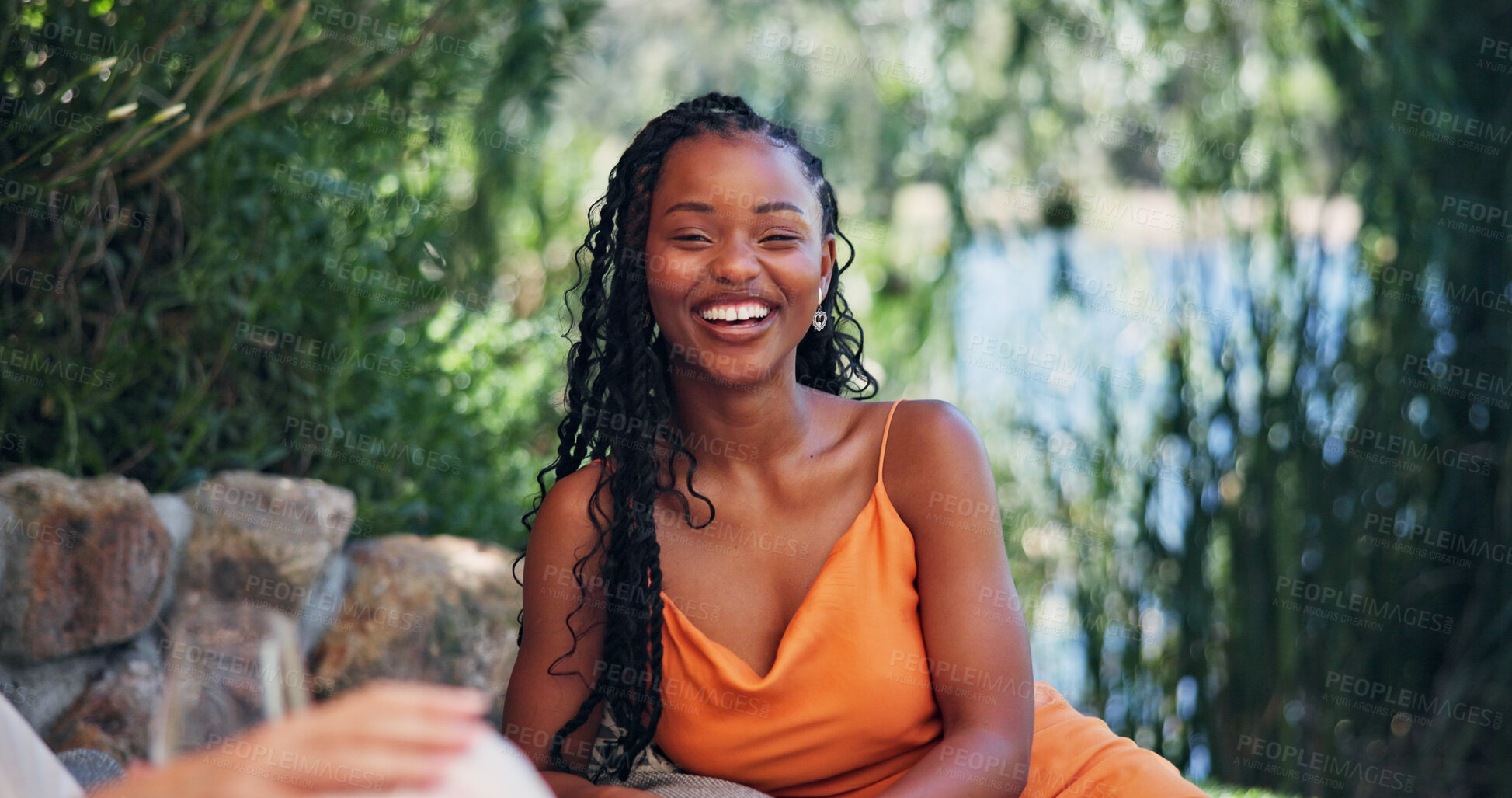 Buy stock photo Portrait, woman and laugh with smile outdoor for travel, summer tourism and holiday adventure. Happy, female person and relax at luxury retreat, explore nature and getaway trip for vacation fresh air
