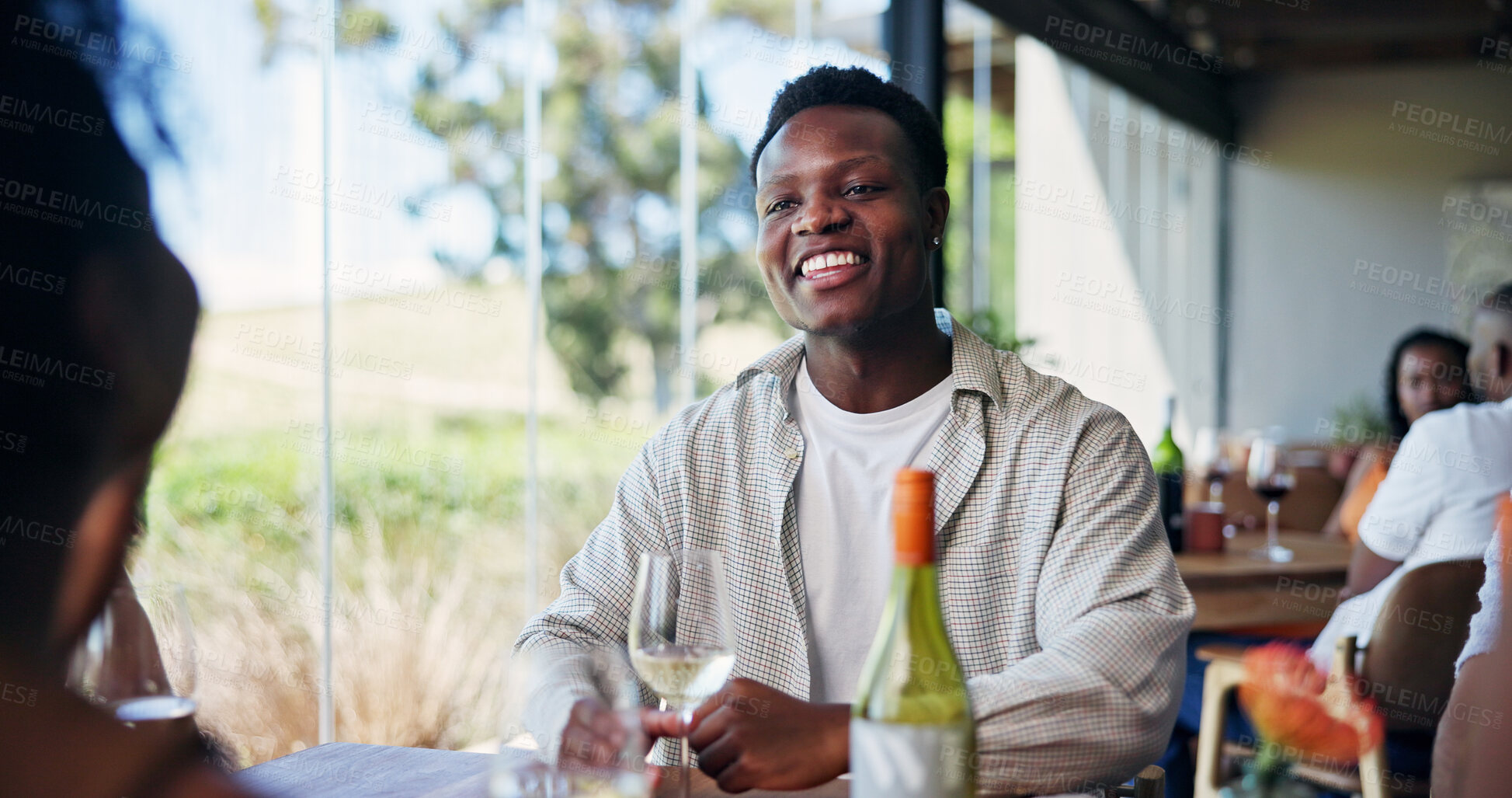 Buy stock photo Relationship, man or couple in restaurant with wine, support and bonding together in anniversary celebration. Honeymoon, love and people at diner with drink, commitment and care in romantic date