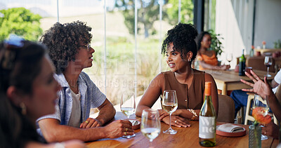 Buy stock photo Friends, talk and bonding in restaurant with wine glass, social gathering and fine dining experience. Happy, people and conversation with alcohol at event for reunion, connection and weekend break.