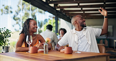Buy stock photo Restaurant, couple or wave to waiter for bills, romantic date or fine dining experience for anniversary. Fancy cuisine, marriage celebration or people call server for payment, gourmet meal or service