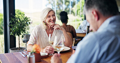 Buy stock photo Conversation, couple and smile with woman in restaurant together for bonding or relationship. Drink, romance and talking with happy mature person at wine farm for break, connection or hospitality