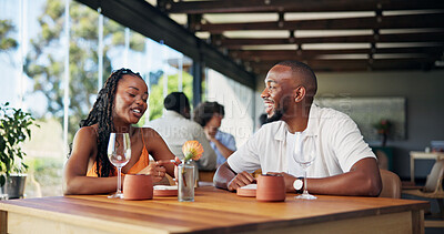 Buy stock photo Conversation, date and laughing with couple in restaurant together for bonding or relationship. Funny, relax and talking with happy people at table in coffee shop for break, connection or hospitality