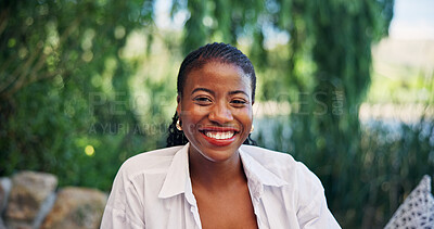 Buy stock photo Portrait, black woman and relax with smile outdoor for travel, summer trip and holiday adventure. Happy, female person and pride at luxury retreat, explore nature and vacation destination for getaway